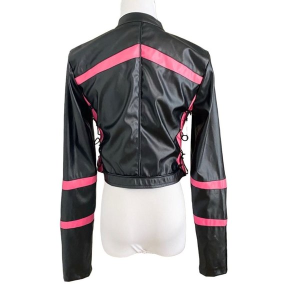 I AM GIA VIXON BLACK PINK FAUX LEATHER LACE UP CROPPED MOTO TOP JACKET - M - Picture 4 of 11